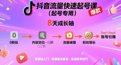 抖音流量快速起号课(起号专用)，8天带你做爆自己的账号-梦凌网创