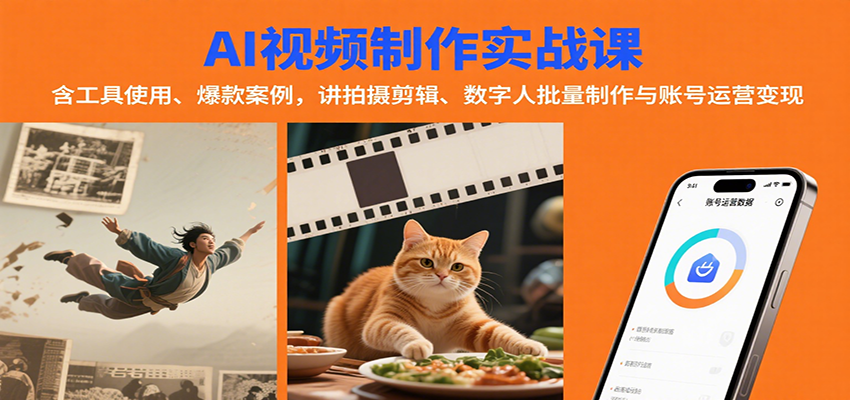 AI视频制作实战：含工具使用、爆款案例，讲拍摄剪辑、数字人批量制作与账号运营变现-梦凌网创
