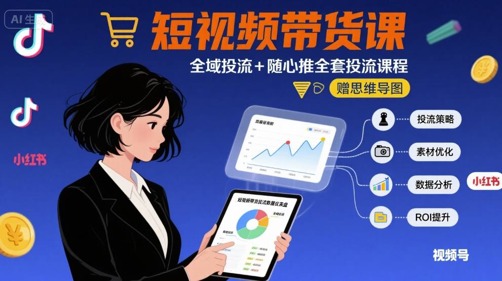 最新短视频带货课，全域投流+随心推全套投流课程+思维导图-梦凌网创