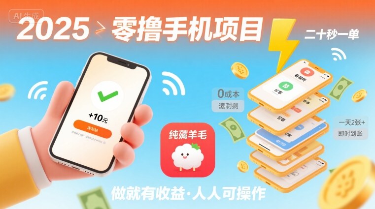 2025年零撸手机项目，二十秒一单，纯薅羊毛 一天2张+做就有-梦凌网创