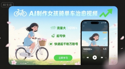 AI制作女孩骑单车治愈视频，流量大，起号快，快速起千粉万粉号-梦凌网创