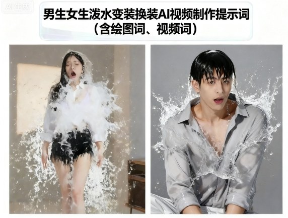 男生女生泼水变装换装AI视频制作提示词(含绘图词、视频词)-梦凌网创