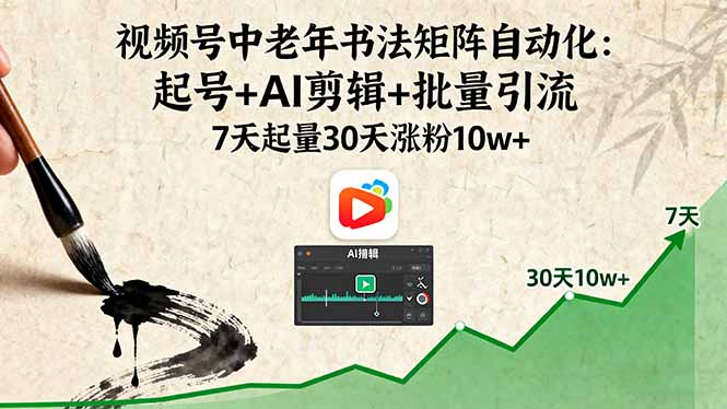 视频号中老年书法矩阵自动化：起号+AI剪辑+批量引流 7天起量30天涨粉10w+-梦凌网创