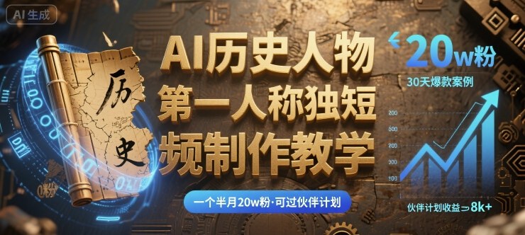 最新AI历史人物第一人称独白短视频制作教学，一个半月20w粉，可过伙伴计划-梦凌网创