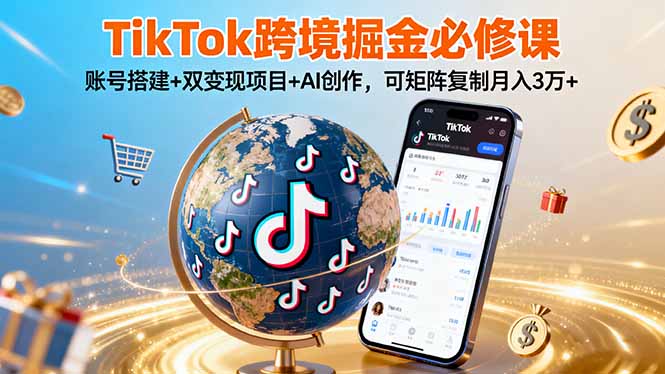 TikTo跨境掘金必修课，账号搭建+双变现项目+AI创作，可矩阵复制月入3万+-梦凌网创
