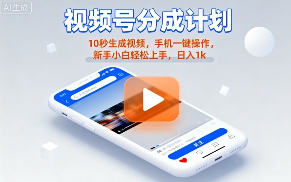 视频号分成计划懒人玩法，10秒生成视频，手机一键操作，新手小白轻松上手，日入1K【揭秘】-梦凌网创