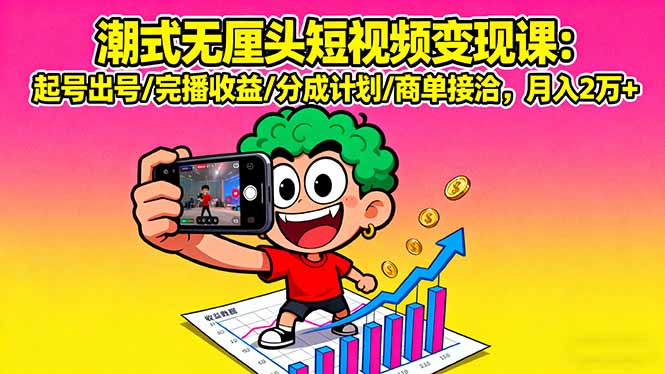 潮式无厘头短视频变现课：起号出号/完播收益/分成计划/商单接洽，月入2万+-梦凌网创