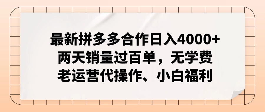 拼多多最新合作日入4000+两天销量过百单，无学费、老运营代操作、小白福利-梦凌网创