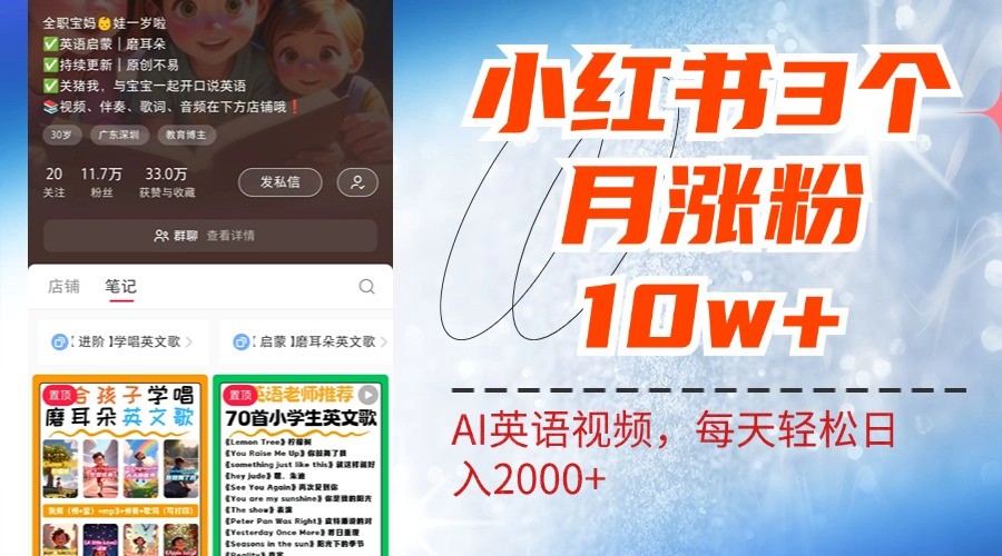 小红书三个月涨粉10W，AI英语视频0成本制作，每天轻松日入2000+-梦凌网创